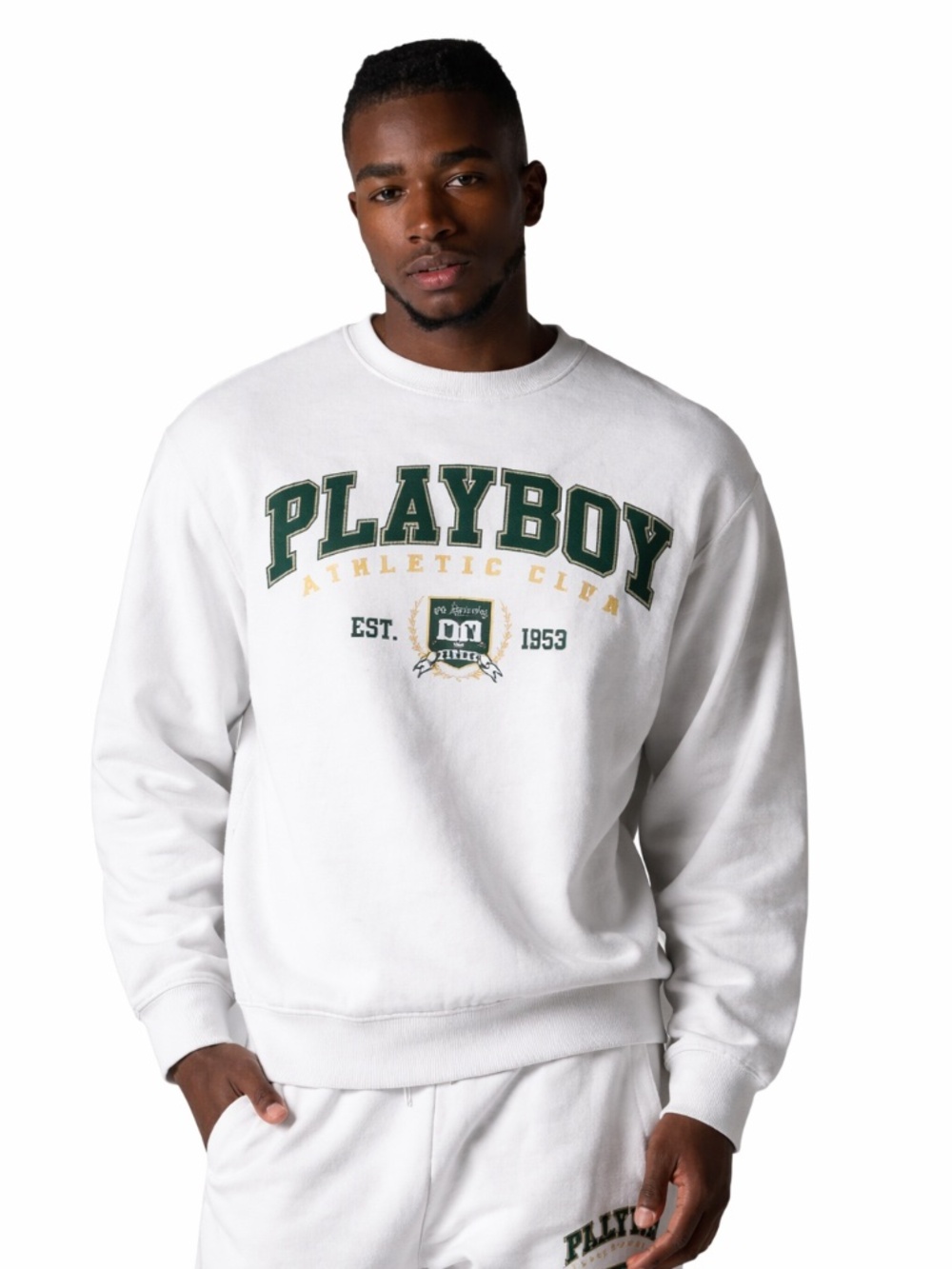 PLAYBOY Heather Grey w Forrest Green Logo Varsity Crewneck Sweater - Size XL GUC